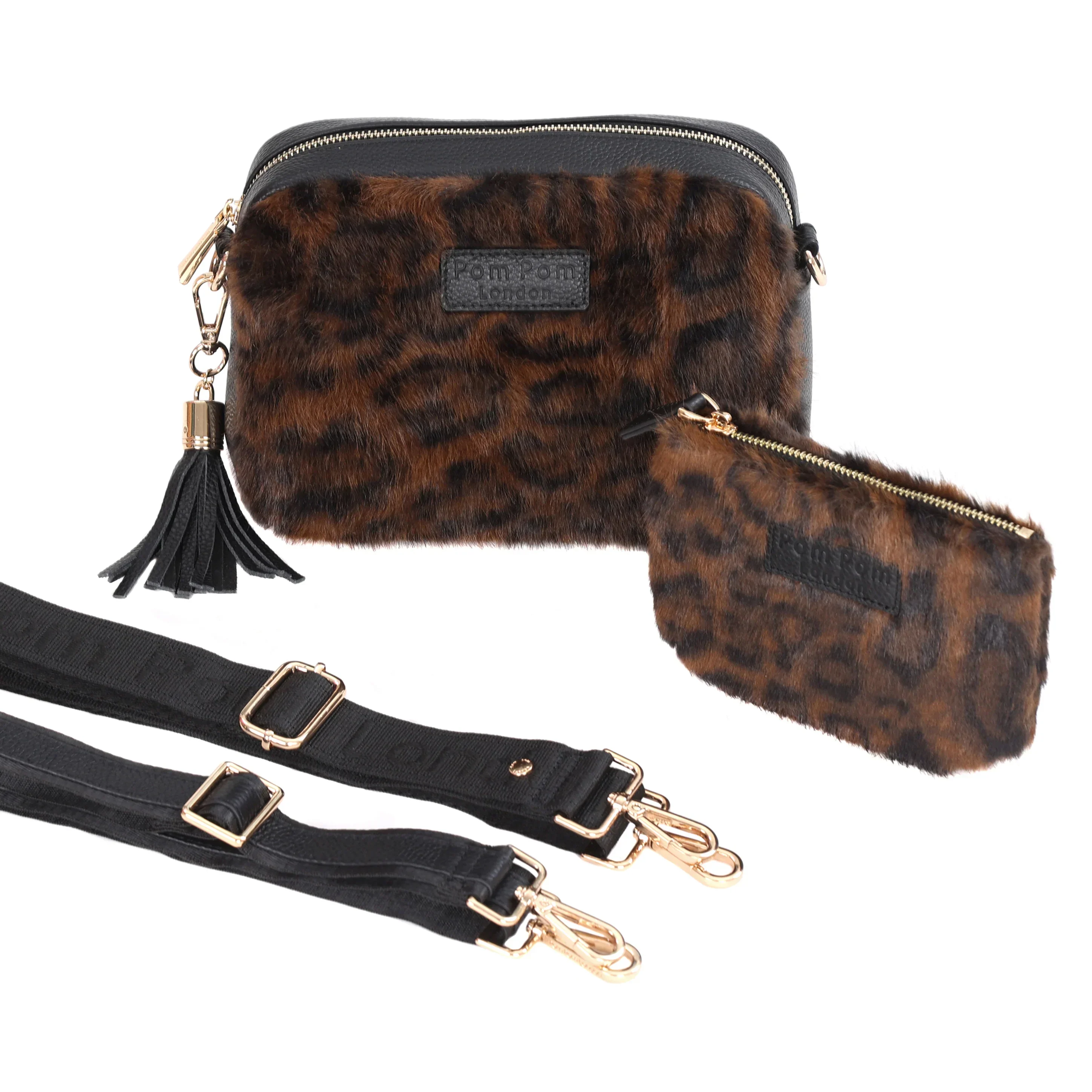 Pom Pom London City Bag Leopard Print Faux Fur Black Bundle