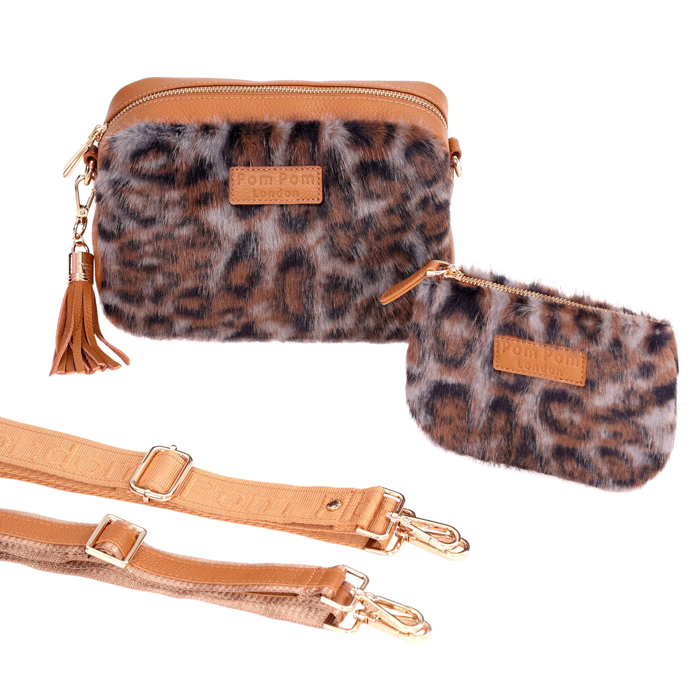 Pom Pom London City Bag Leopard Print Faux Fur Maple Bundle