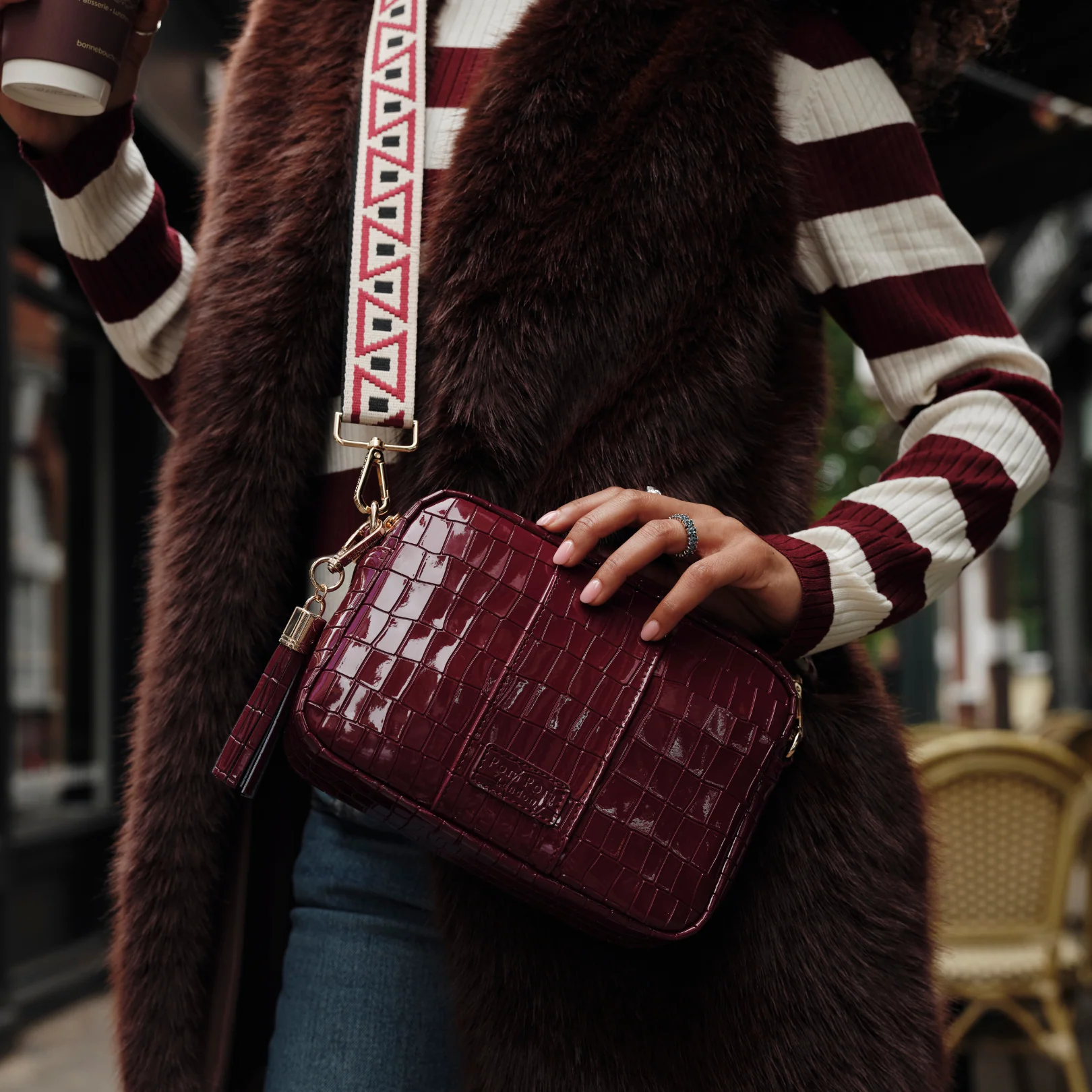 Pom Pom London City Bag Patent Croc Claret - Image 5
