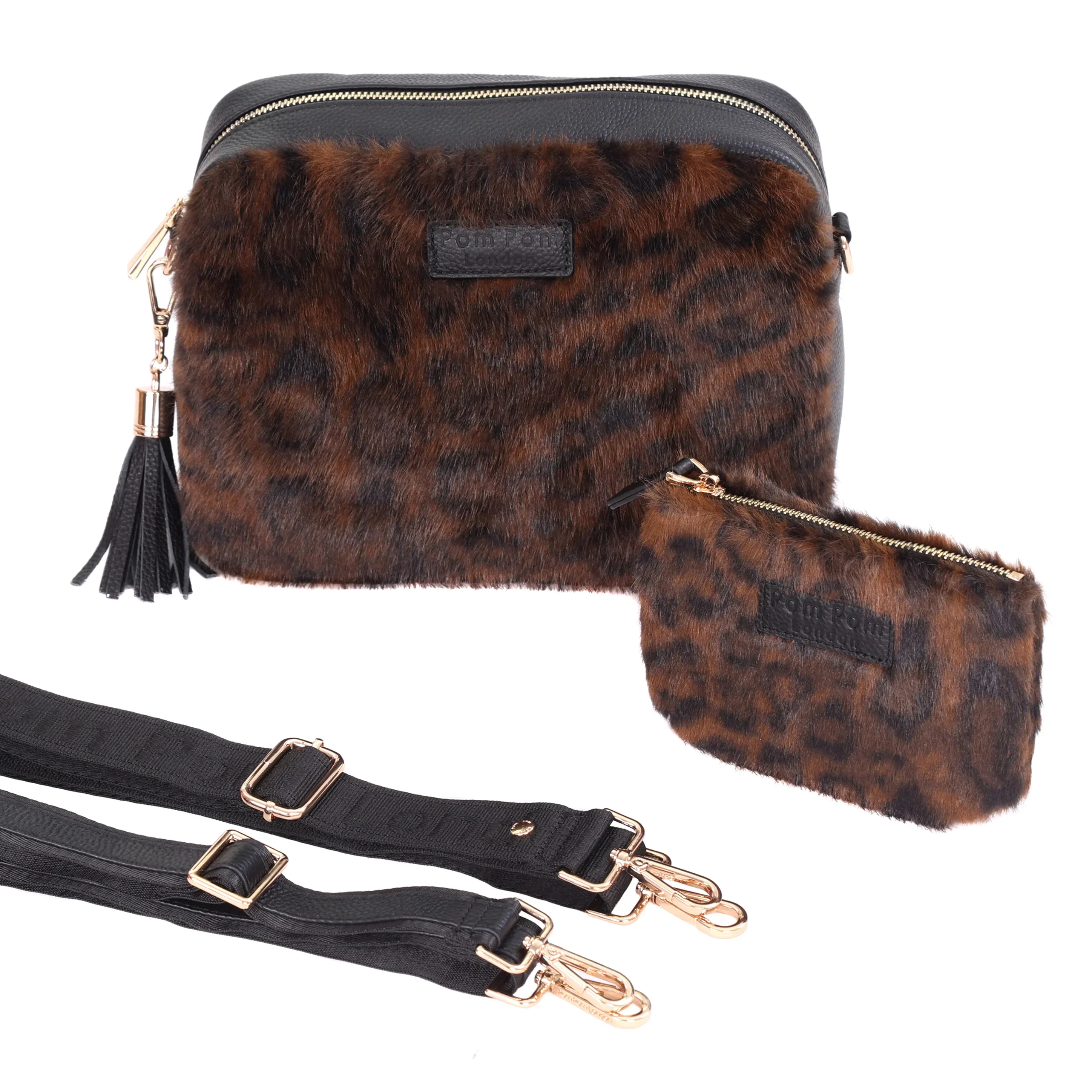 Pom Pom London City Plus Bag Leopard Print Faux Fur Black Bundle