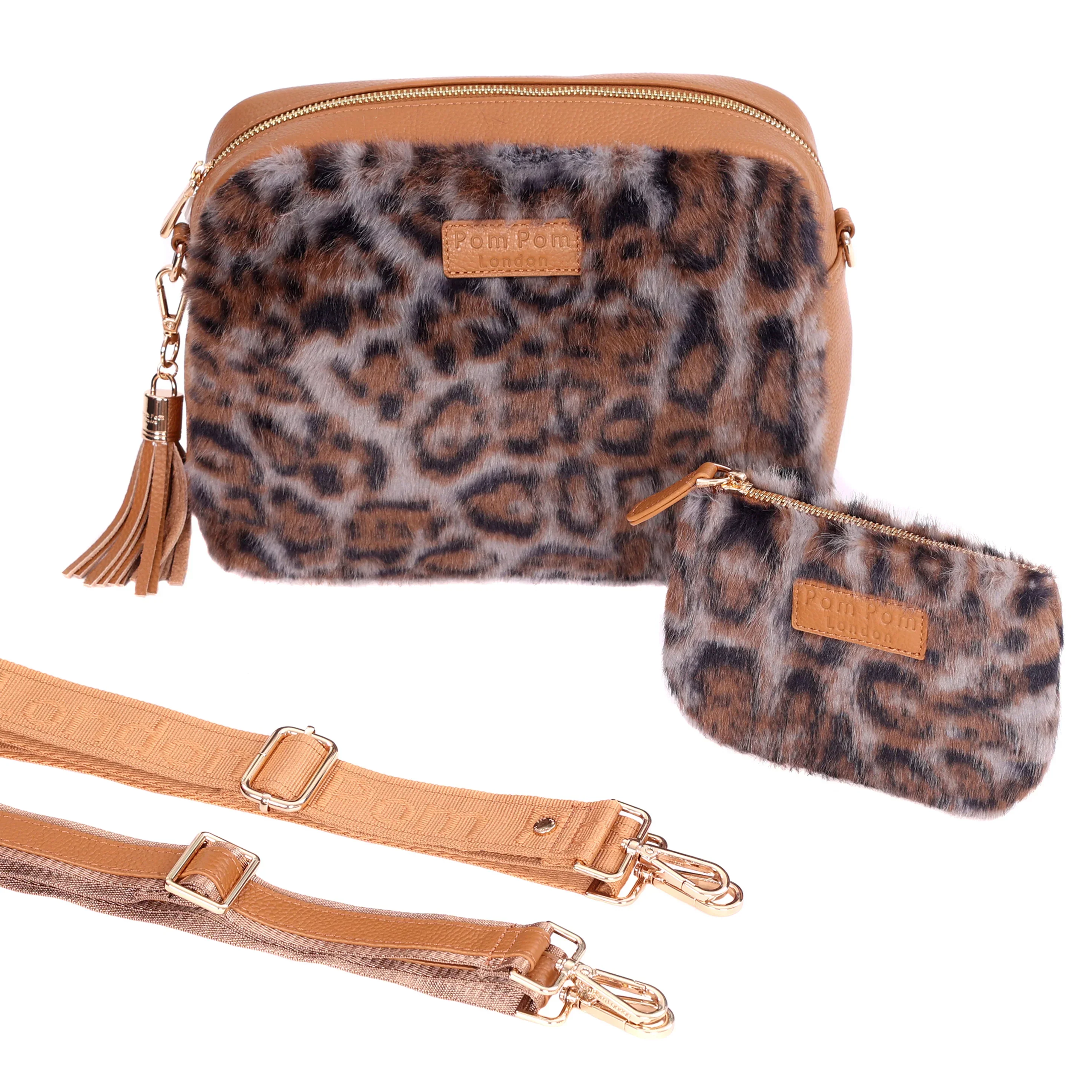 Pom Pom London City Plus Bag Leopard Print Faux Fur Maple Bundle